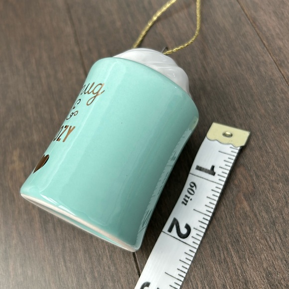 Ceramic Holiday Ornament, Teal Gold Coffee Mug Whipped Cream “Snug & Cozy” Heart - Picture 5 of 6